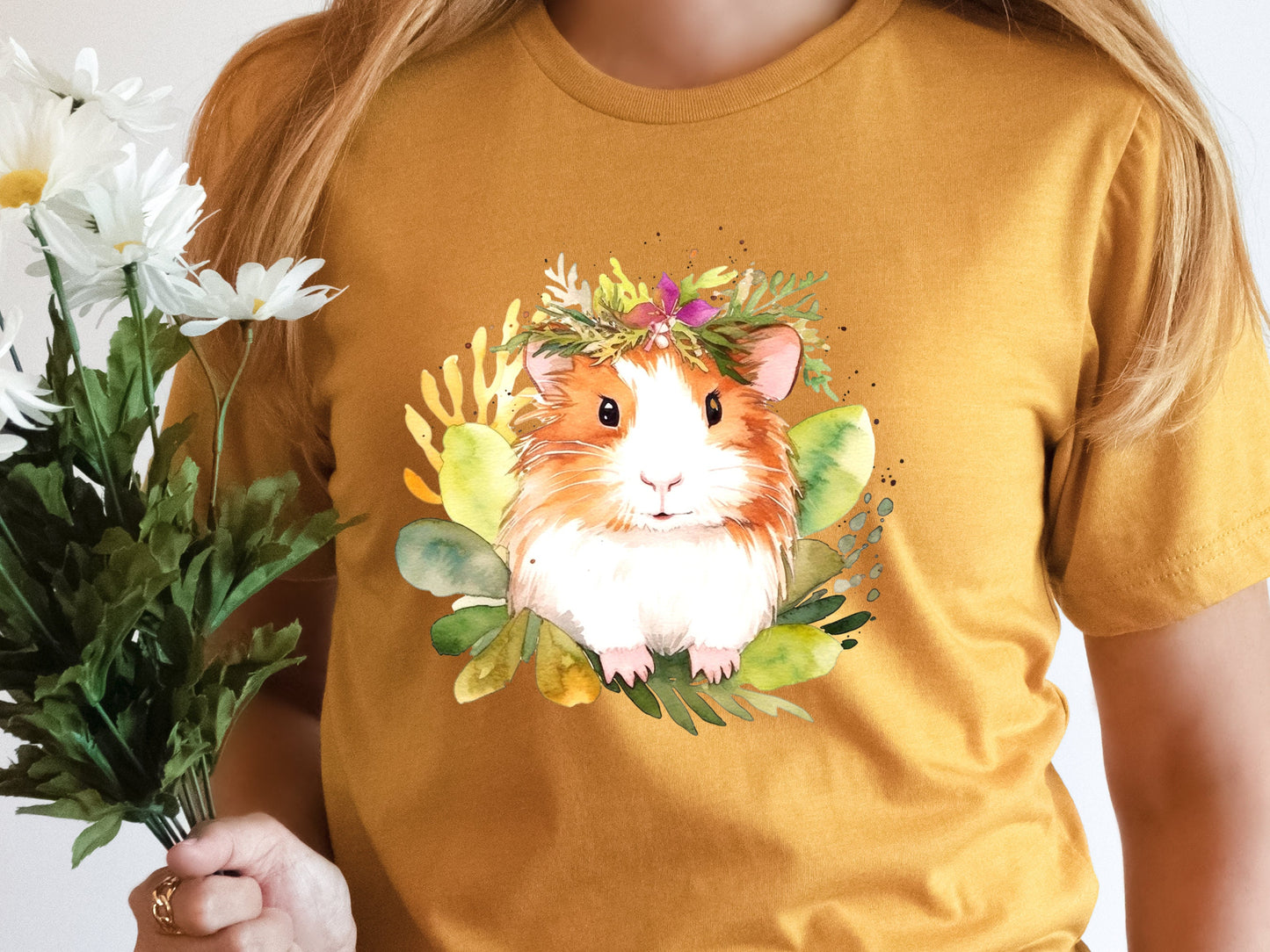 Guinea Pig Shirt with Pink and Green Floral Crown Boho Watercolour T-Shirt Design Cute Animal Art Owners Cavy Lovers Gift for Her Birthday