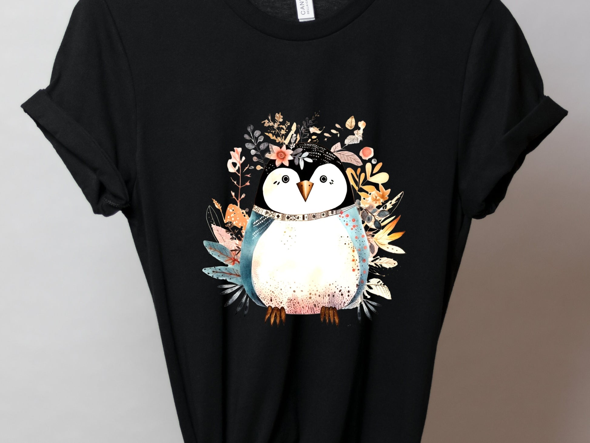 Penguin Shirt Floral Illustration Blue Pink T-shirt Penguin Lovers Gift Boho Nature Shirt for Her Cute Summer Winter Adorable Graphic Tee