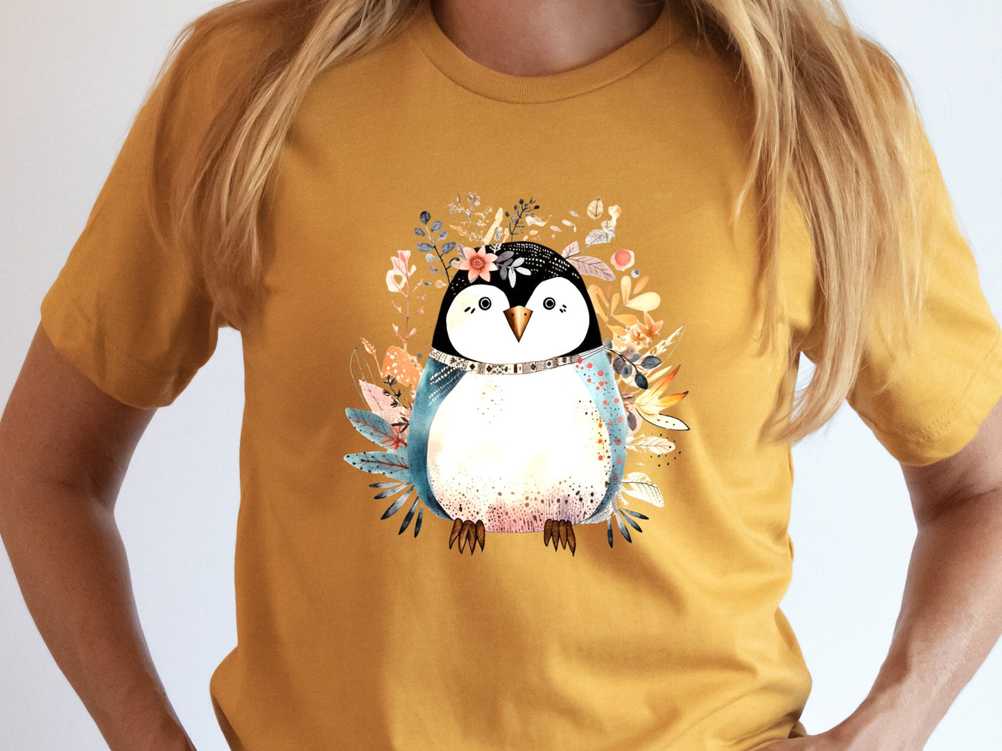 Penguin Shirt Floral Illustration Blue Pink T-shirt Penguin Lovers Gift Boho Nature Shirt for Her Cute Summer Winter Adorable Graphic Tee