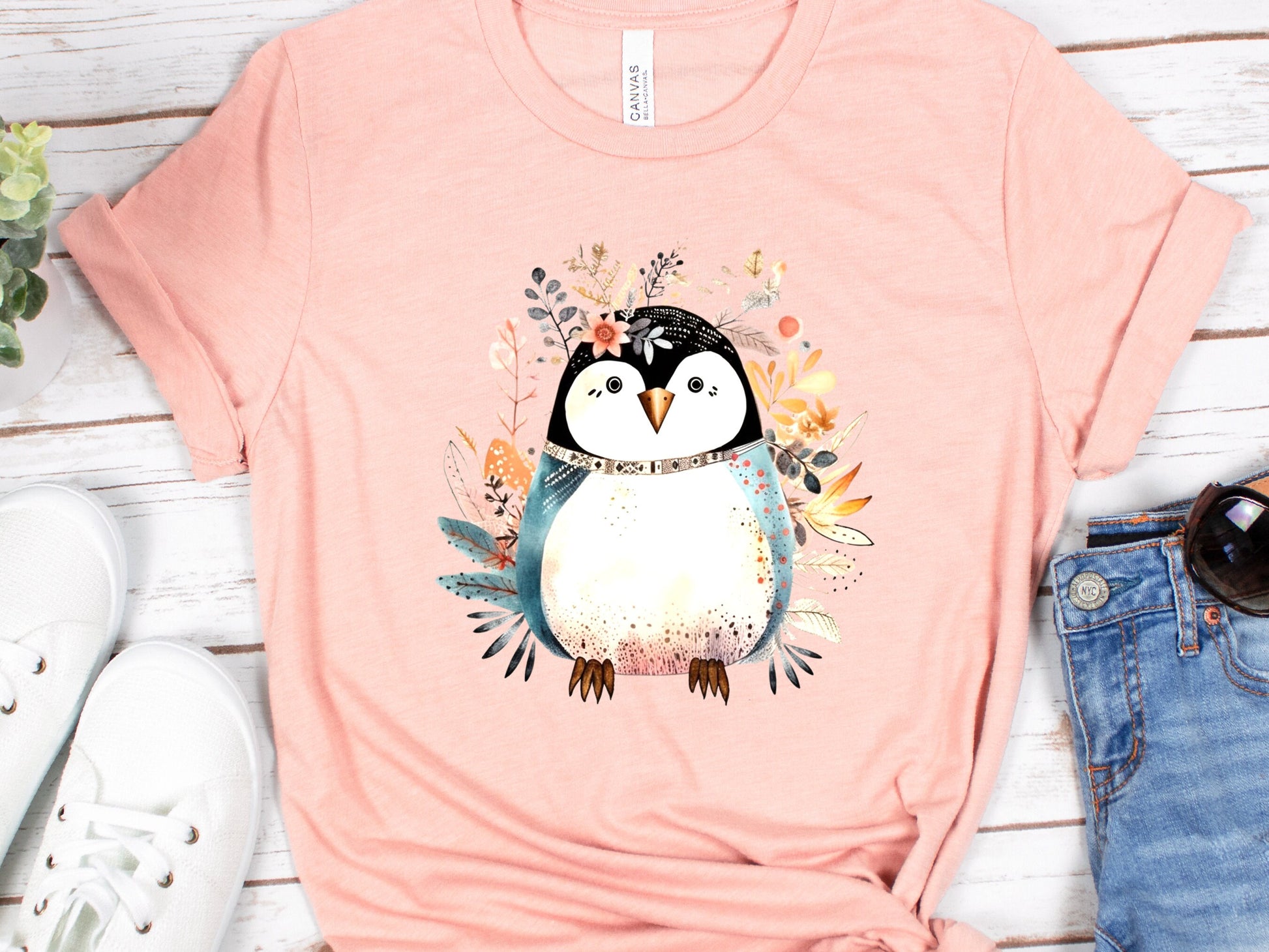 Penguin Shirt Floral Illustration Blue Pink T-shirt Penguin Lovers Gift Boho Nature Shirt for Her Cute Summer Winter Adorable Graphic Tee