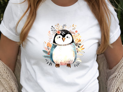 Penguin Shirt Floral Illustration Blue Pink T-shirt Penguin Lovers Gift Boho Nature Shirt for Her Cute Summer Winter Adorable Graphic Tee