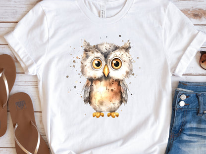 Cute Owl Shirt Messy Watercolour T-Shirt Brown Neutral Tones Funny Bird Watchers Gift for Owl Lovers Adorable Ornithology Tee Sustainable