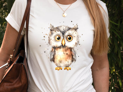 Cute Owl Shirt Messy Watercolour T-Shirt Brown Neutral Tones Funny Bird Watchers Gift for Owl Lovers Adorable Ornithology Tee Sustainable