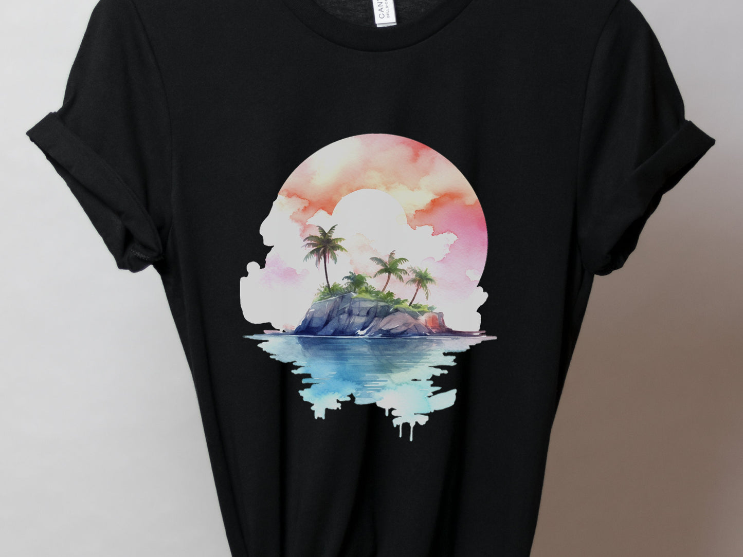 Watercolor Beach Sunset T-Shirt - Cute Travel Holiday Tee Vacation Shirt Scene Artistic Beachwear Art Sea And Sand Apparel Lover Gift Coasta