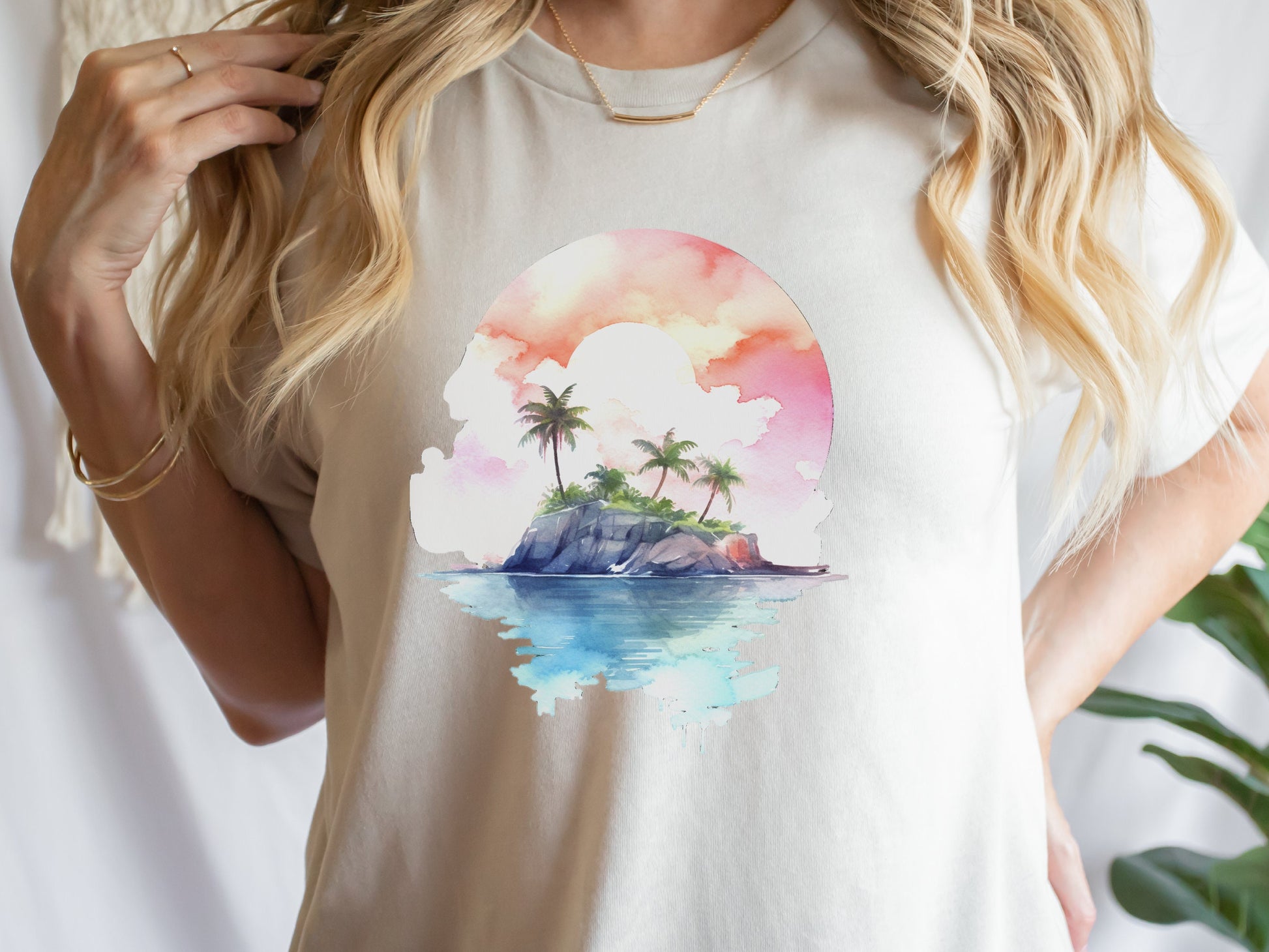 Watercolor Beach Sunset T-Shirt - Cute Travel Holiday Tee Vacation Shirt Scene Artistic Beachwear Art Sea And Sand Apparel Lover Gift Coasta