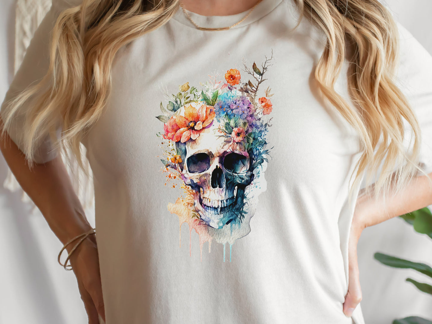 Enchanting Watercolour Skull and Flowers Tee Artistic Gothic Grunge Gift Bohemian Style Unique Nature Shirt Painted Flower T-Shirt Floral