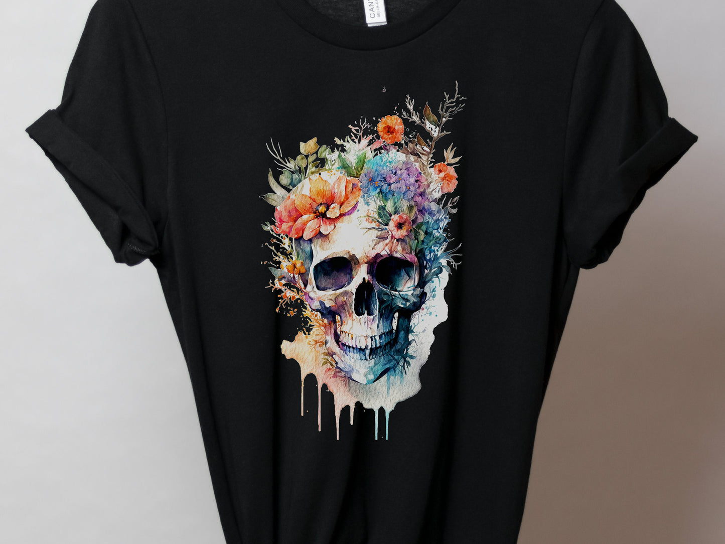 Enchanting Watercolour Skull and Flowers Tee Artistic Gothic Grunge Gift Bohemian Style Unique Nature Shirt Painted Flower T-Shirt Floral