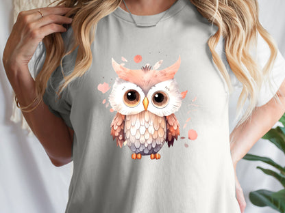 Cute Baby Owl T-Shirt Pink and Grey Bird Lover Gift for Her Adorable Graphic Tee Aesthetic Ornithology Shirt for Bird Watchers and Owners