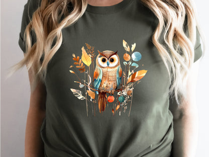 Cute Folk Art Owl Shirt Botanical Patchwork Bird T-Shirt Neutral Owl Lovers Gift for Her Floral Ornithologist Tee Sustainable Organic Cotton