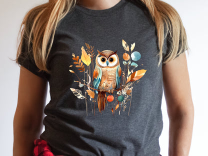 Cute Folk Art Owl Shirt Botanical Patchwork Bird T-Shirt Neutral Owl Lovers Gift for Her Floral Ornithologist Tee Sustainable Organic Cotton