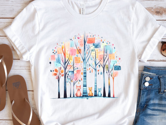 Abstract Cats Shirt Modern Watercolour Cat Family Tree Mom Owner Gift Colourful Forest Trees T-Shirt Illustration Blue Red Yellow Cotton Tee