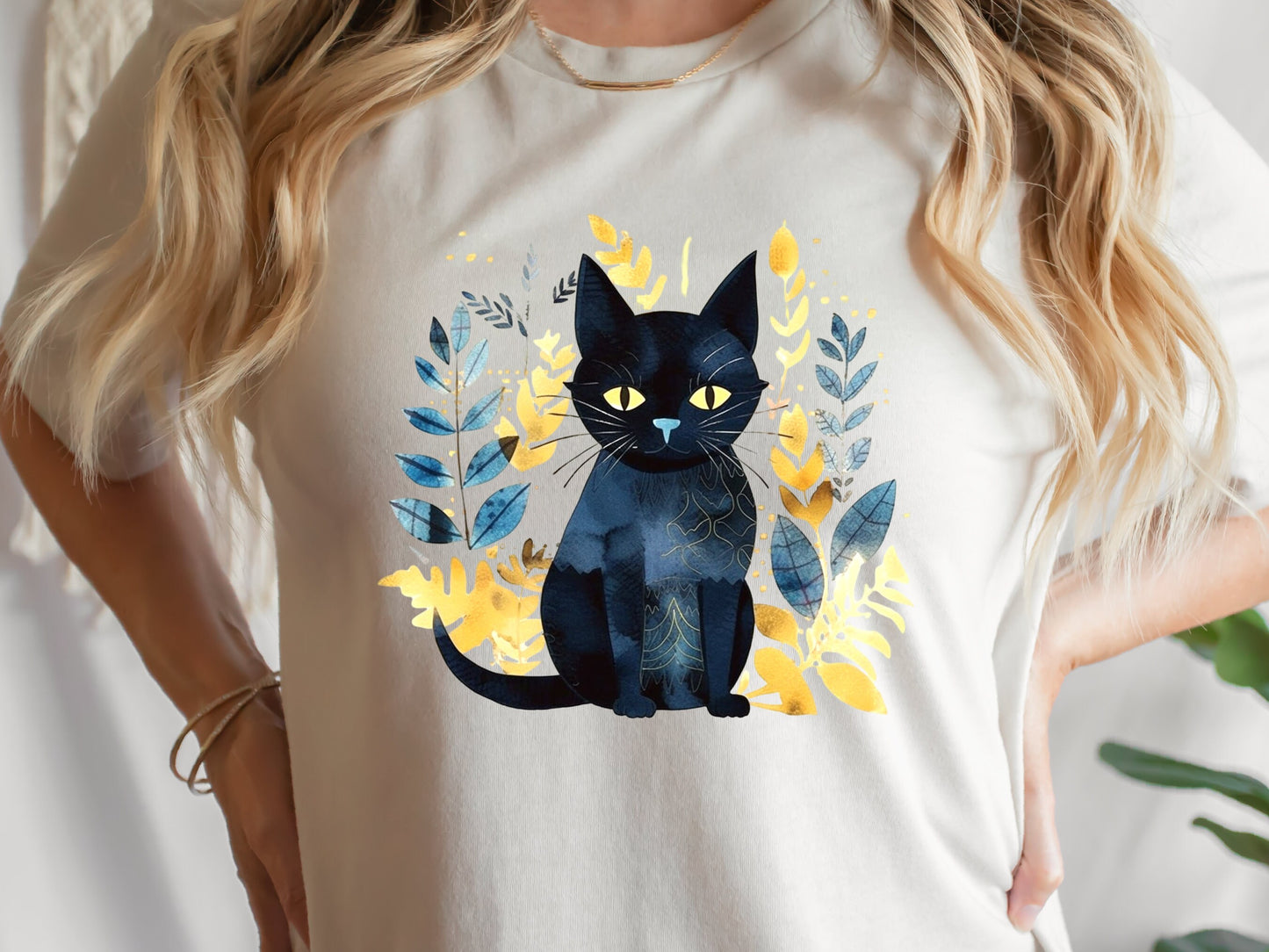 Black Cat Shirt Mystical Boho Watercolour T-Shirt Cat Lover Gift for Cat Mom Witchy Vibes Tee Folk Art Sustainable Cotton Tshirt for Her