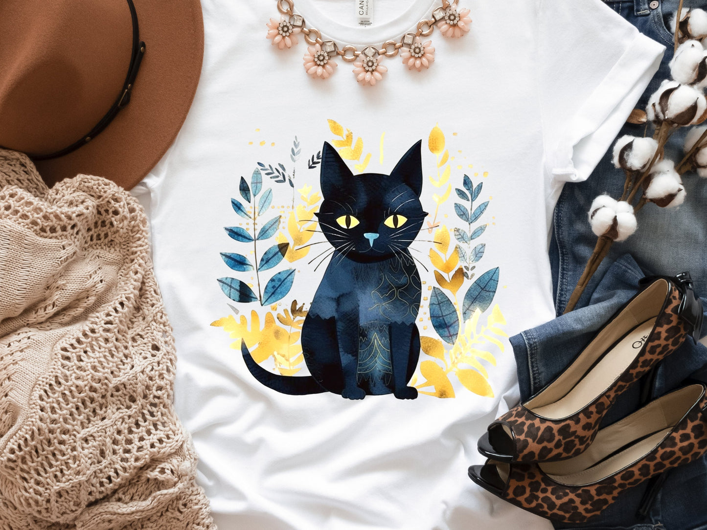 Black Cat Shirt Mystical Boho Watercolour T-Shirt Cat Lover Gift for Cat Mom Witchy Vibes Tee Folk Art Sustainable Cotton Tshirt for Her