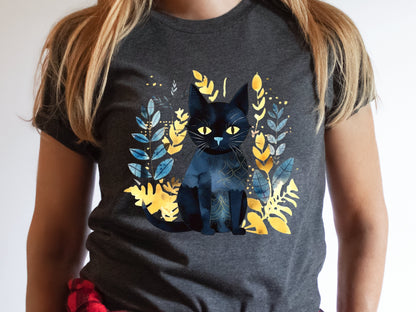 Black Cat Shirt Mystical Boho Watercolour T-Shirt Cat Lover Gift for Cat Mom Witchy Vibes Tee Folk Art Sustainable Cotton Tshirt for Her