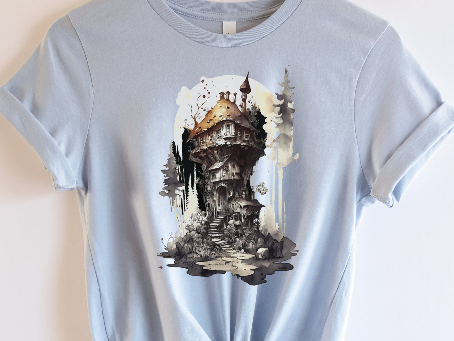 Gothic Dark Academia Witchcore Ink Wash Mushroom Fairy House T-Shirt Haunted Horror Witchy Witch's Cottage Messy Enchanting Magical Mystical