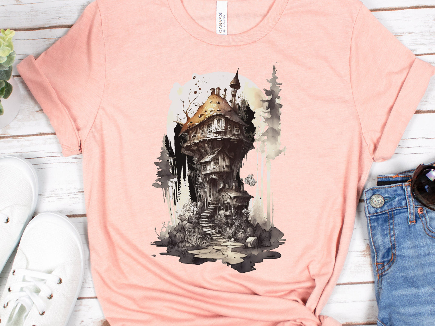 Gothic Dark Academia Witchcore Ink Wash Mushroom Fairy House T-Shirt Haunted Horror Witchy Witch's Cottage Messy Enchanting Magical Mystical