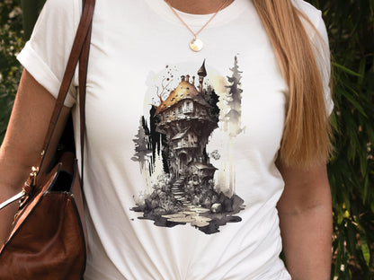 Gothic Dark Academia Witchcore Ink Wash Mushroom Fairy House T-Shirt Haunted Horror Witchy Witch's Cottage Messy Enchanting Magical Mystical