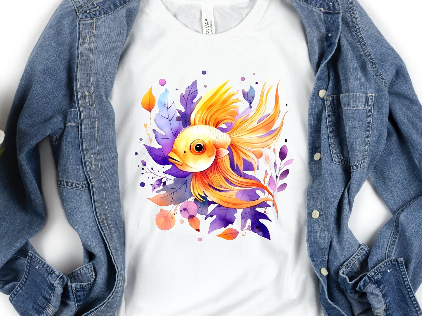 Goldfish Shirt Vibrant Fan Tail Fish Keepers Tee Design Purple Leafy Fishing Lovers Gift for Her Swimmers Top Divers T-shirt Organic Cotton