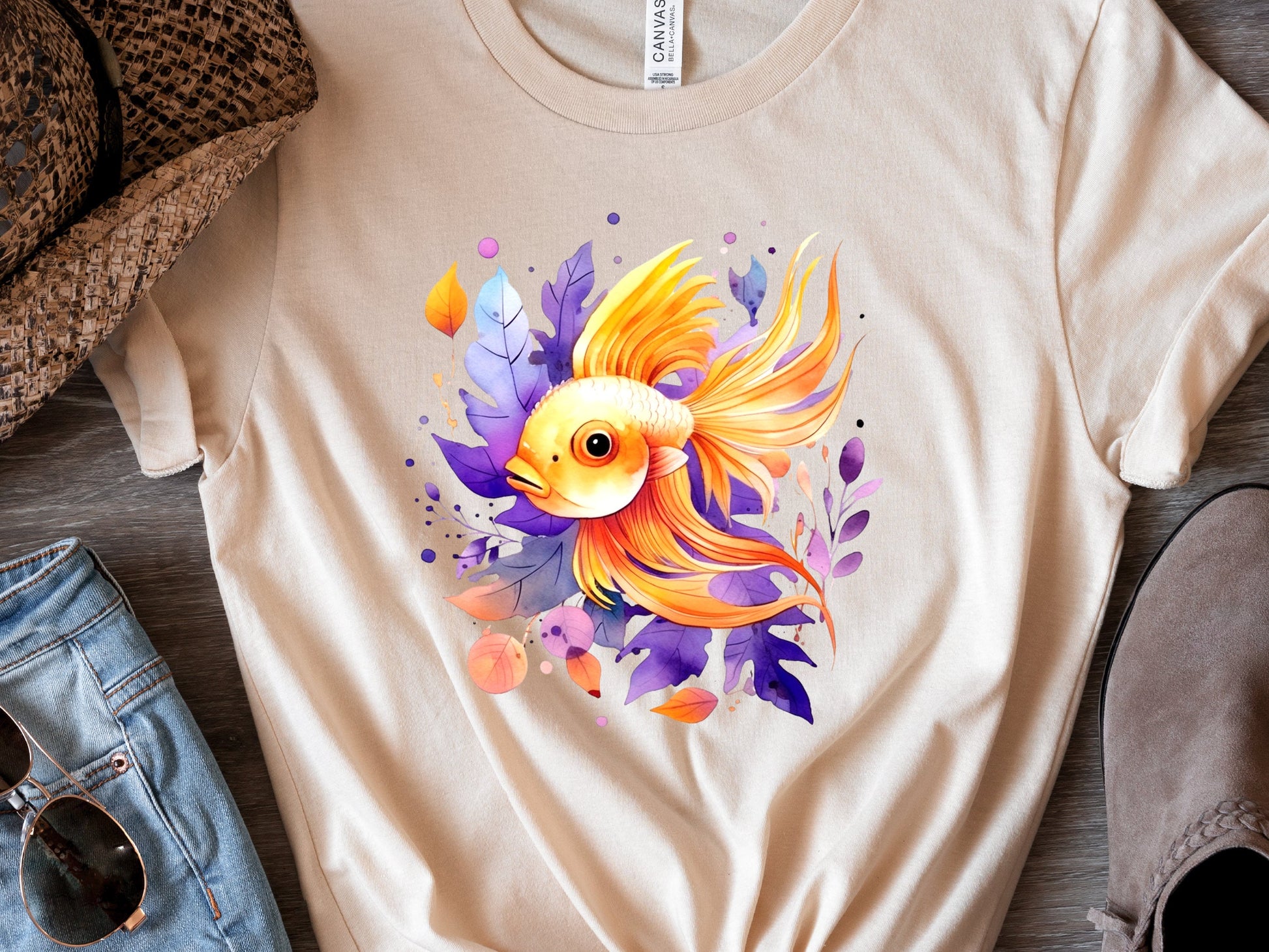 Goldfish Shirt Vibrant Fan Tail Fish Keepers Tee Design Purple Leafy Fishing Lovers Gift for Her Swimmers Top Divers T-shirt Organic Cotton