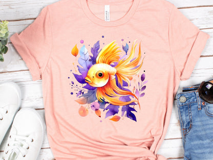 Goldfish Shirt Vibrant Fan Tail Fish Keepers Tee Design Purple Leafy Fishing Lovers Gift for Her Swimmers Top Divers T-shirt Organic Cotton