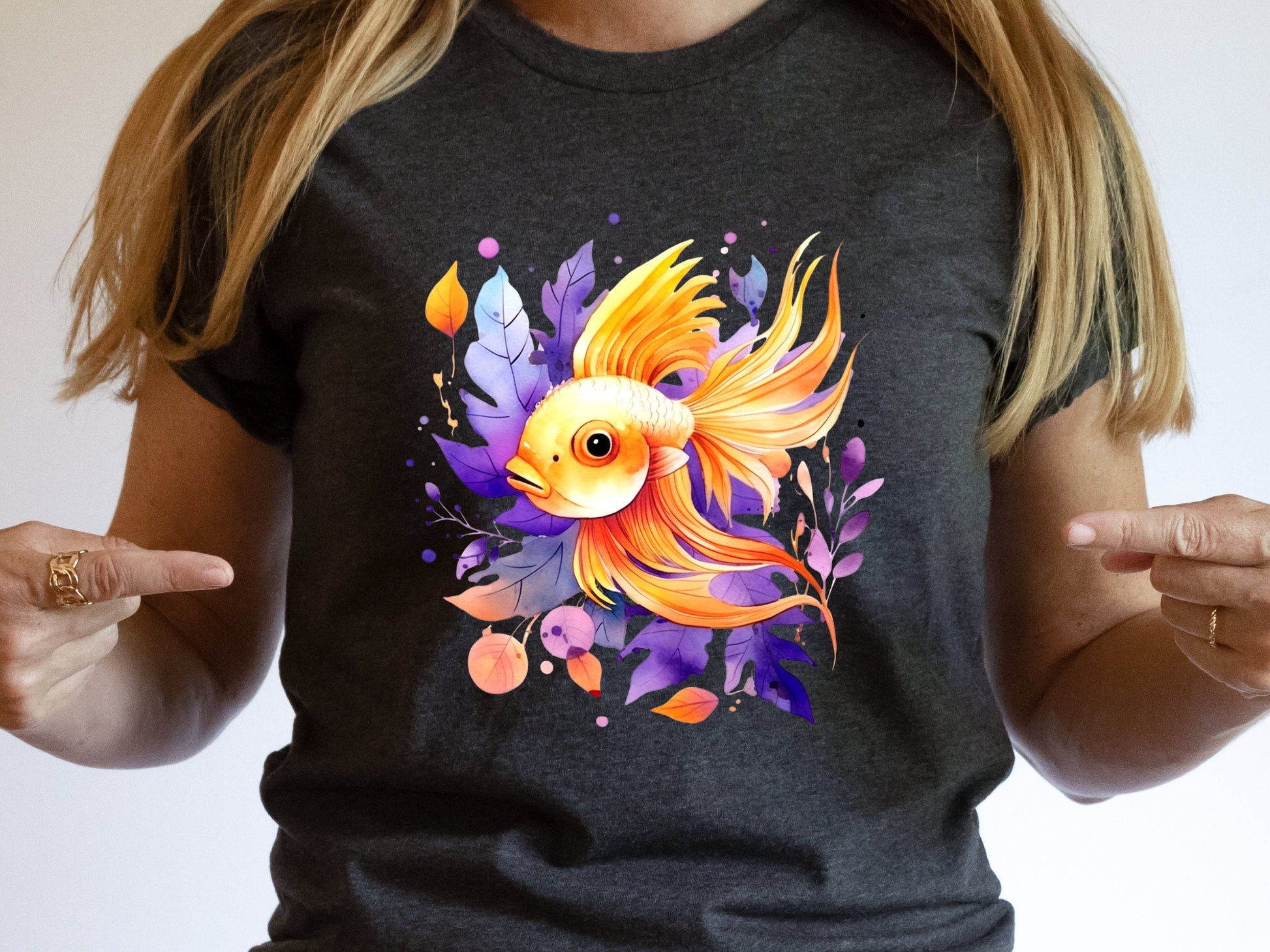 Goldfish Shirt Vibrant Fan Tail Fish Keepers Tee Design Purple Leafy Fishing Lovers Gift for Her Swimmers Top Divers T-shirt Organic Cotton