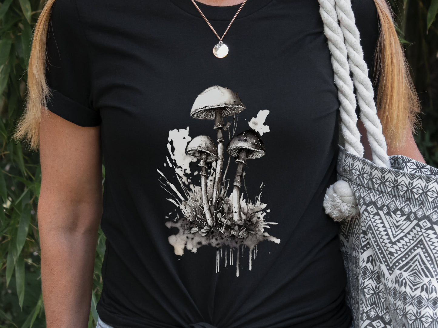 Mushroom T-Shirt for Women Elegant Black and White Ink Design Transformation Botanical Nature Simple Artistic Minimalist Whimsigoth Witchy