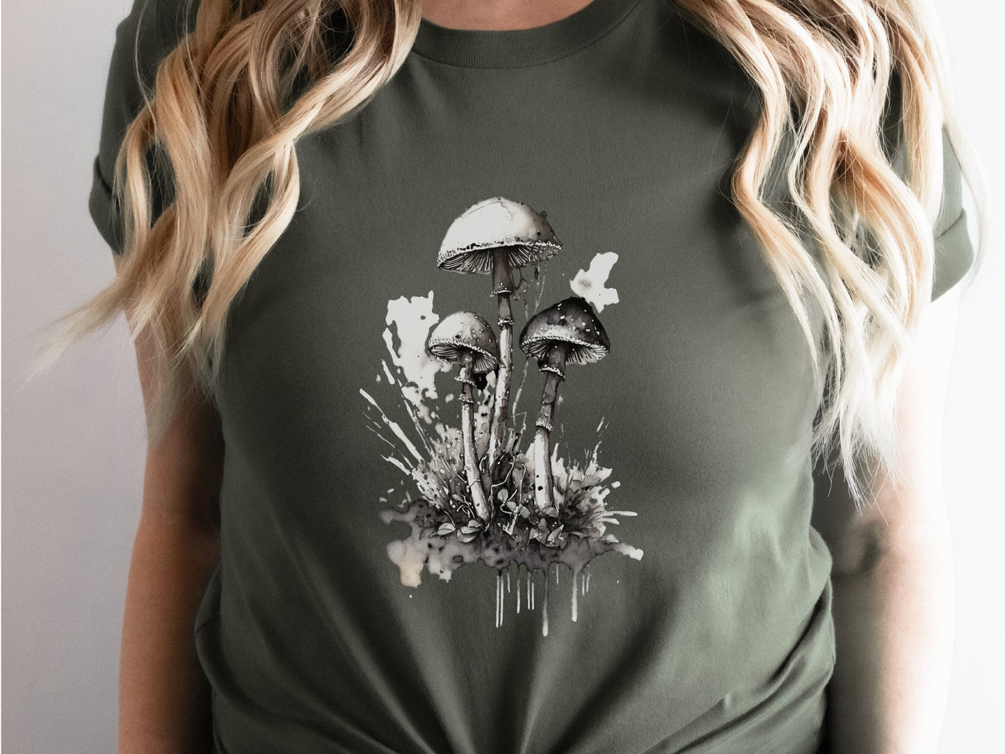 Mushroom T-Shirt for Women Elegant Black and White Ink Design Transformation Botanical Nature Simple Artistic Minimalist Whimsigoth Witchy