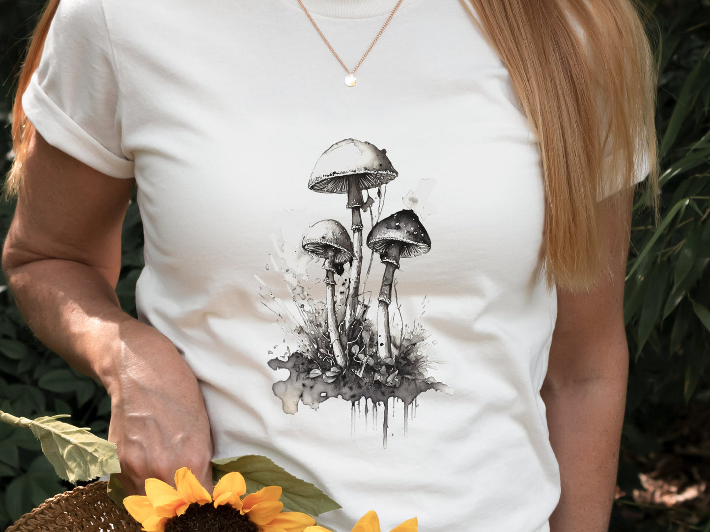 Mushroom T-Shirt for Women Elegant Black and White Ink Design Transformation Botanical Nature Simple Artistic Minimalist Whimsigoth Witchy