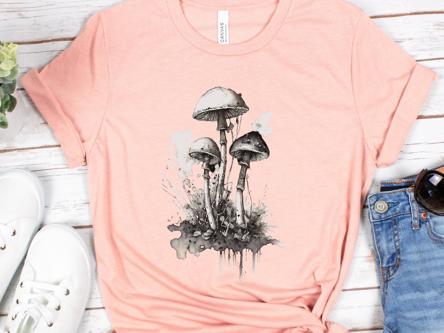 Mushroom T-Shirt for Women Elegant Black and White Ink Design Transformation Botanical Nature Simple Artistic Minimalist Whimsigoth Witchy