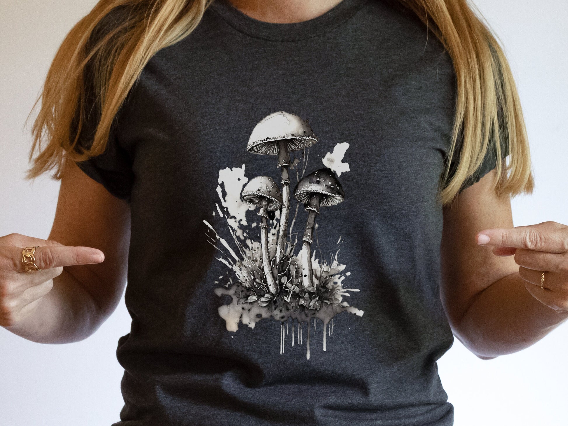 Mushroom T-Shirt for Women Elegant Black and White Ink Design Transformation Botanical Nature Simple Artistic Minimalist Whimsigoth Witchy