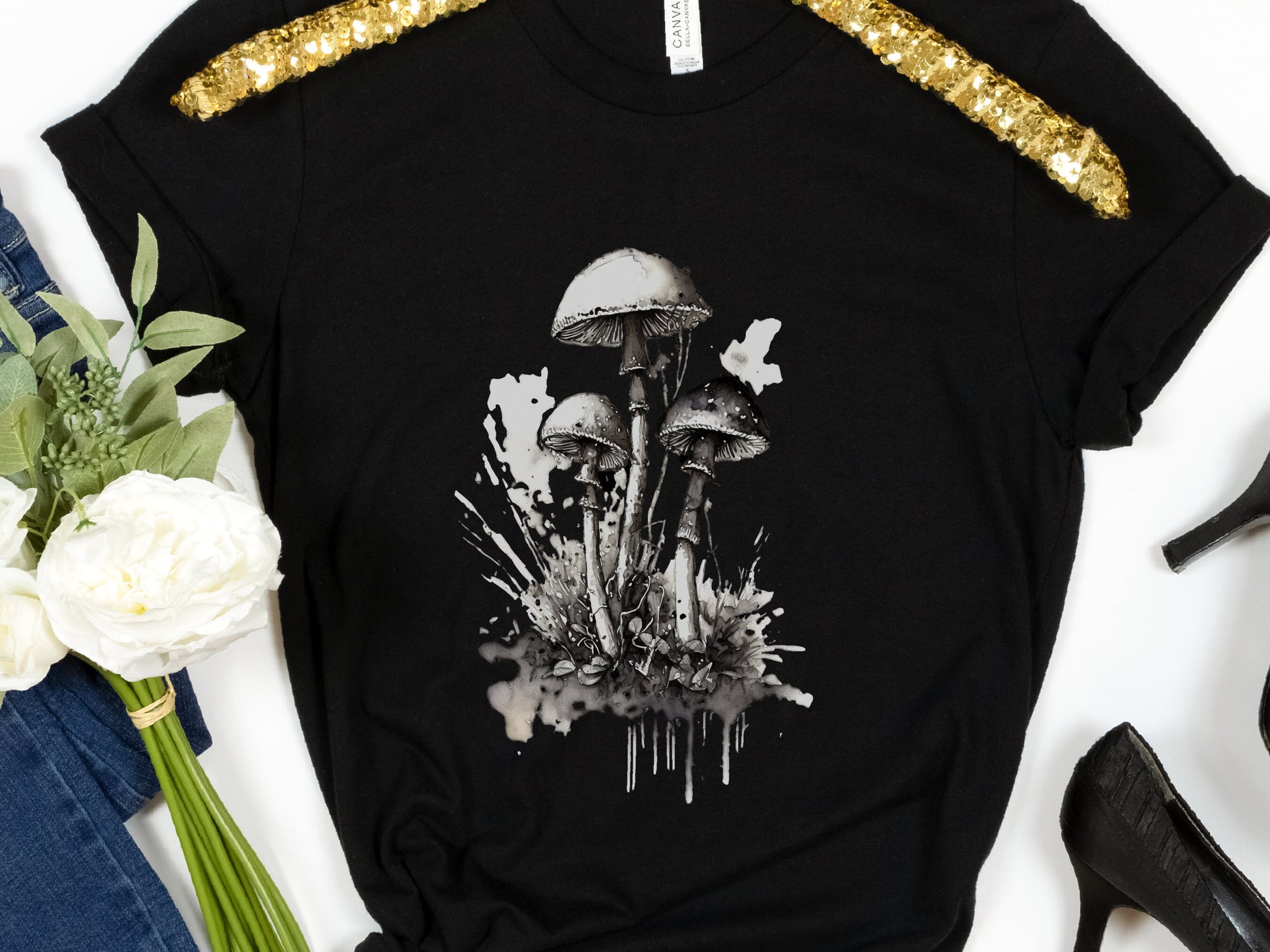 Mushroom T-Shirt for Women Elegant Black and White Ink Design Transformation Botanical Nature Simple Artistic Minimalist Whimsigoth Witchy