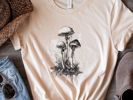 Mushroom T-Shirt for Women Elegant Black and White Ink Design Transformation Botanical Nature Simple Artistic Minimalist Whimsigoth Witchy