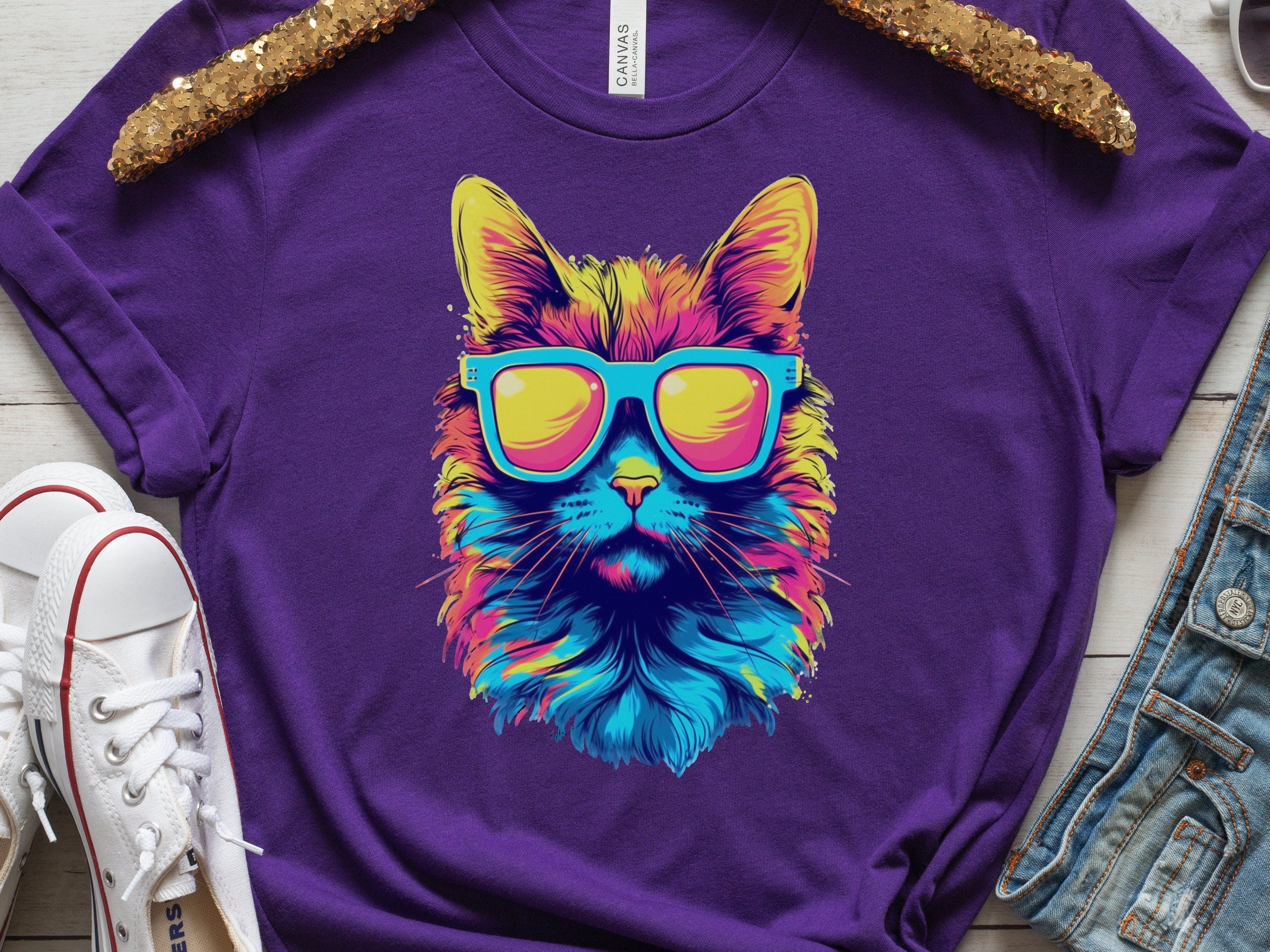 Synthwave Cat T shirt with Sunglasses Futuristic Vibrant