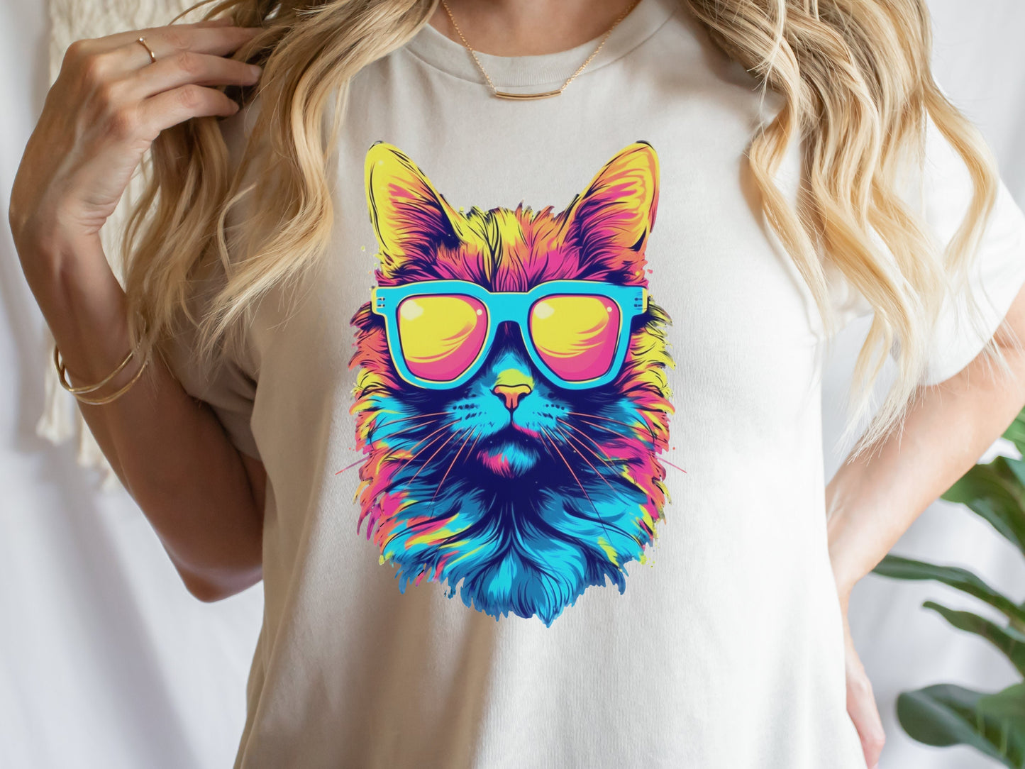 Synthwave Cat T-shirt with Sunglasses Futuristic Vibrant Psychedelic Tee Sci-Fi Neon Rebel Bright Colourful 80s Retro Cool Cats Summer Shirt