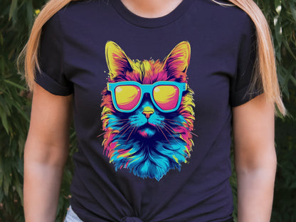 Synthwave Cat T-shirt with Sunglasses Futuristic Vibrant Psychedelic Tee Sci-Fi Neon Rebel Bright Colourful 80s Retro Cool Cats Summer Shirt