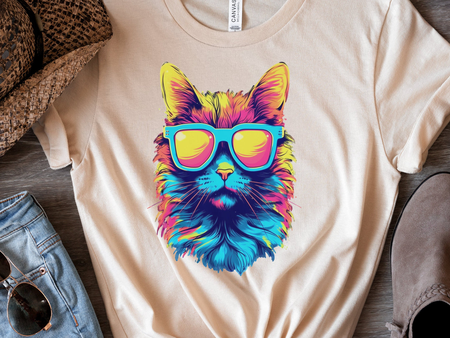 Synthwave Cat T-shirt with Sunglasses Futuristic Vibrant Psychedelic Tee Sci-Fi Neon Rebel Bright Colourful 80s Retro Cool Cats Summer Shirt