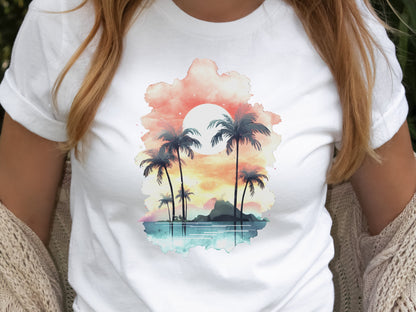 Tropical Sunset Watercolour T-Shirt Landscape Vacation Holiday Shirt Desert Island Travel Getaway Beach Vibes Palm Trees Sun Sea Sand Sky