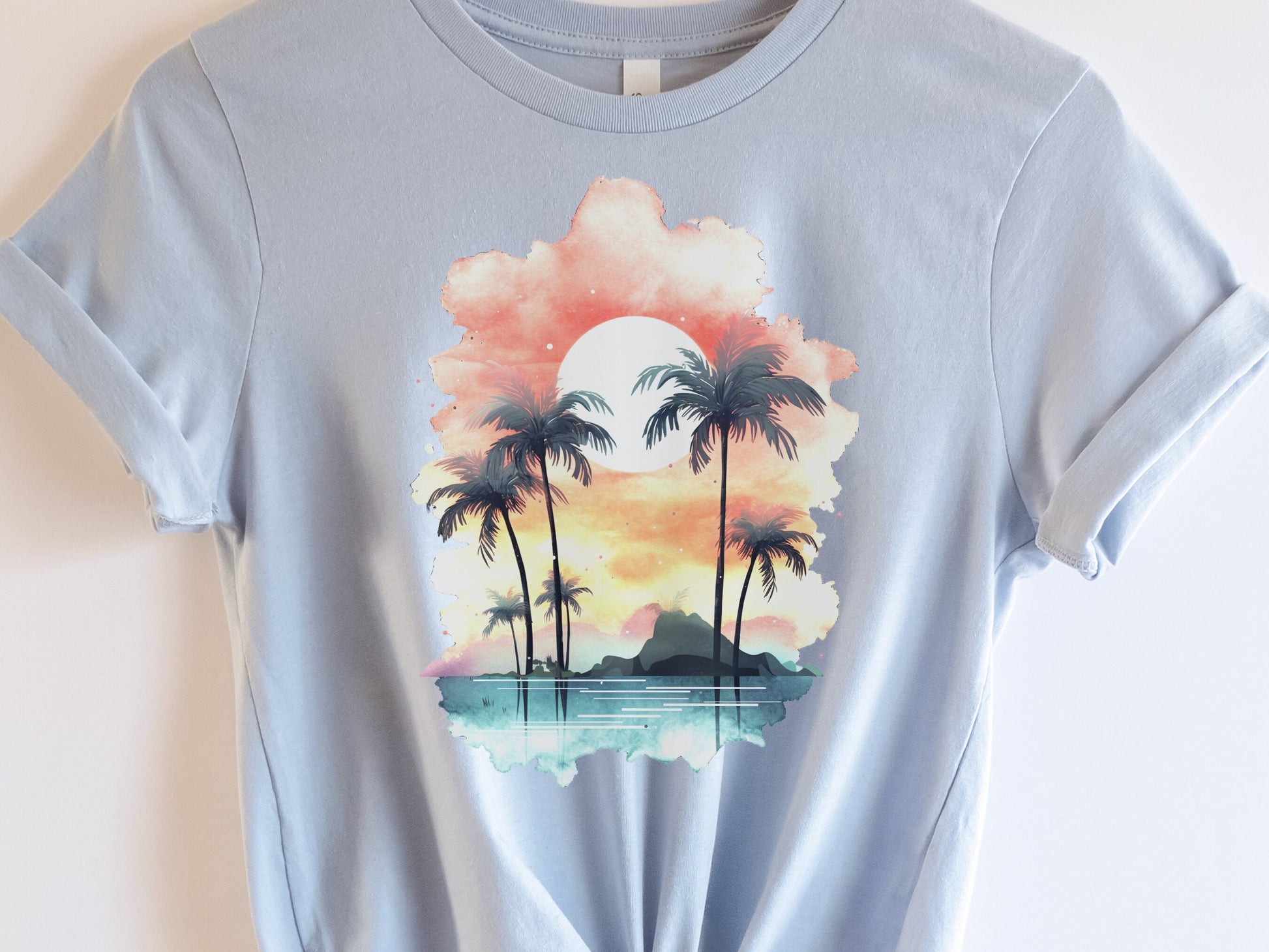 Tropical Sunset Watercolour T-Shirt Landscape Vacation Holiday Shirt Desert Island Travel Getaway Beach Vibes Palm Trees Sun Sea Sand Sky