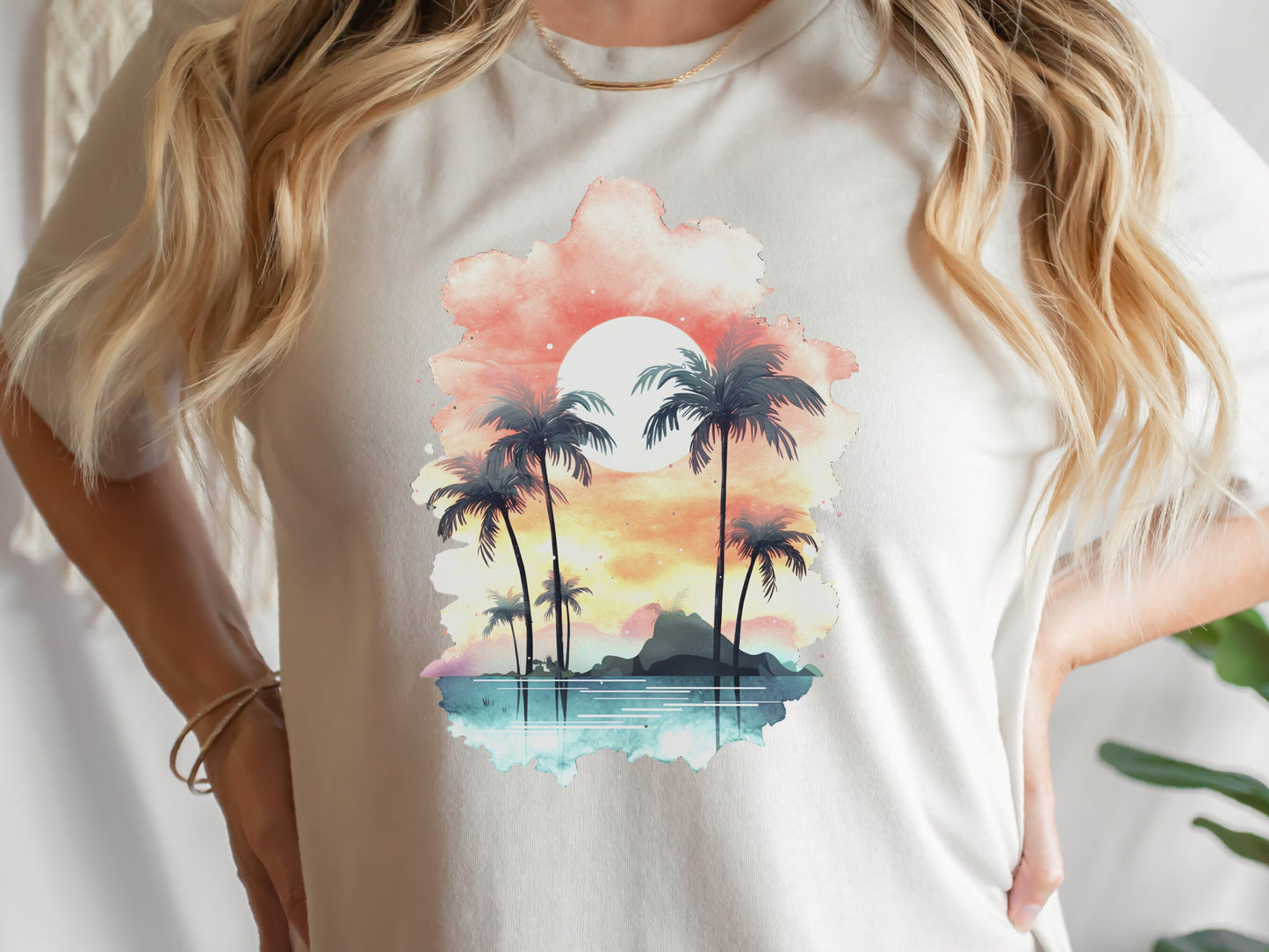 Tropical Sunset Watercolour T-Shirt Landscape Vacation Holiday Shirt Desert Island Travel Getaway Beach Vibes Palm Trees Sun Sea Sand Sky