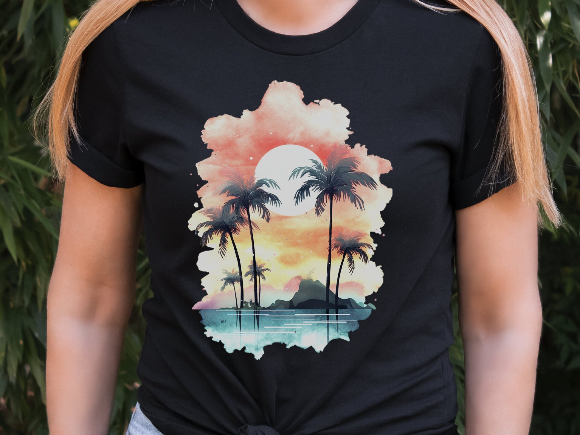 Tropical Sunset Watercolour T-Shirt Landscape Vacation Holiday Shirt Desert Island Travel Getaway Beach Vibes Palm Trees Sun Sea Sand Sky