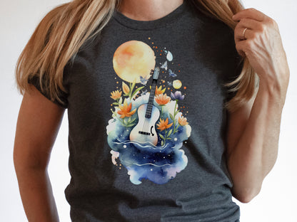 Guitar Shirt Whimsical Watercolour Moon Tee Floral Flowers Music Nature Lovers Artistic Cute Celestial T-Shirt Gift for Musicians Guitarists