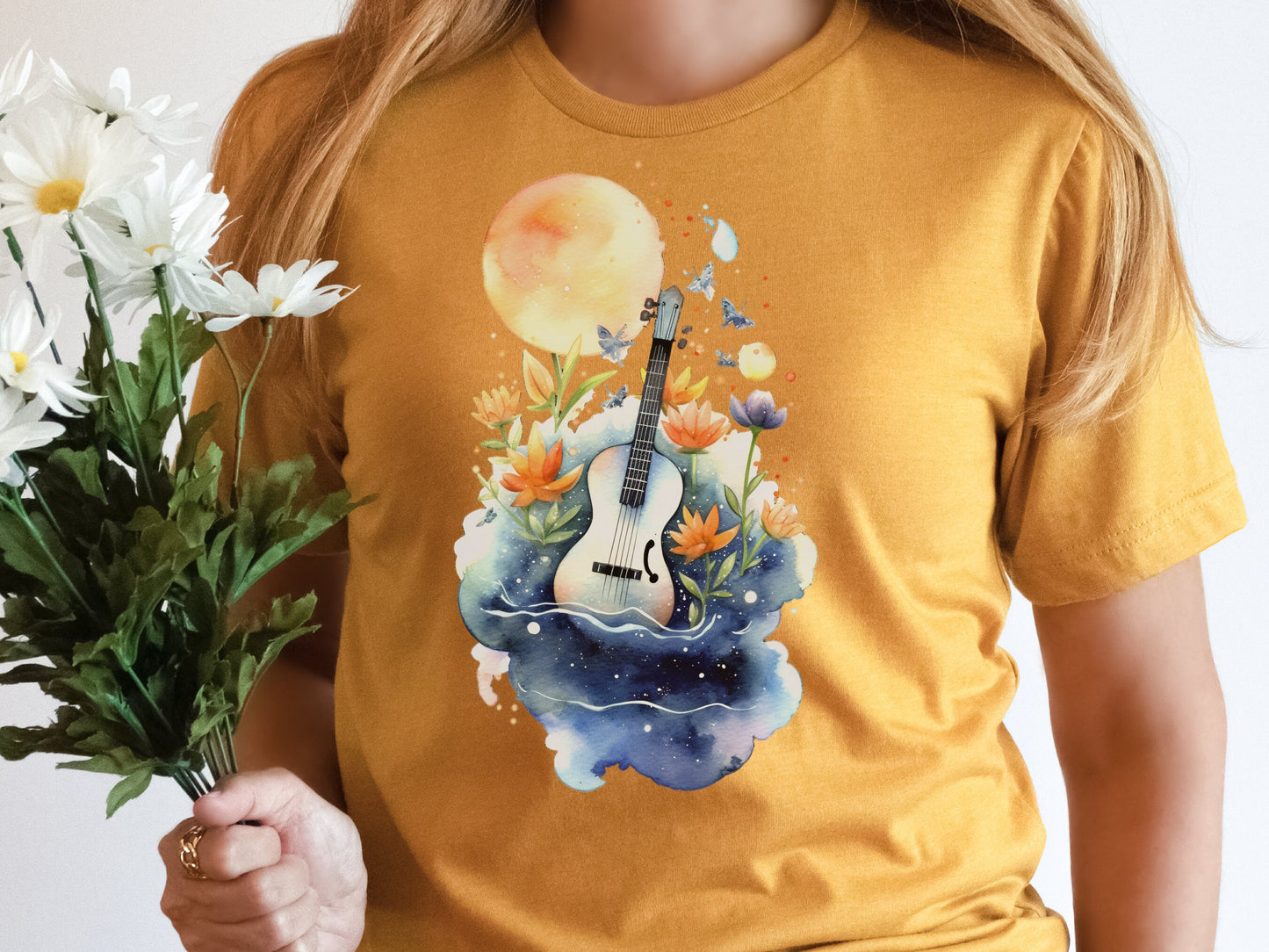 Guitar Shirt Whimsical Watercolour Moon Tee Floral Flowers Music Nature Lovers Artistic Cute Celestial T-Shirt Gift for Musicians Guitarists