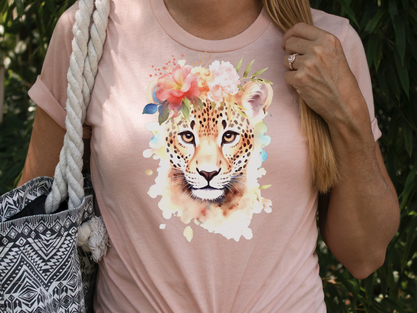 Jaguar Tshirt for Women Pink Flowers Tee Wild Animal Print Jungle Big Cat Lovers Unique Watercolour Design Cute Nature T-Shirt Floral Shirt