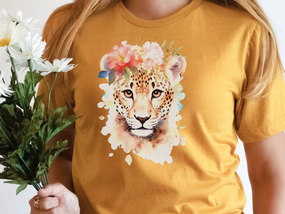 Jaguar Tshirt for Women Pink Flowers Tee Wild Animal Print Jungle Big Cat Lovers Unique Watercolour Design Cute Nature T-Shirt Floral Shirt