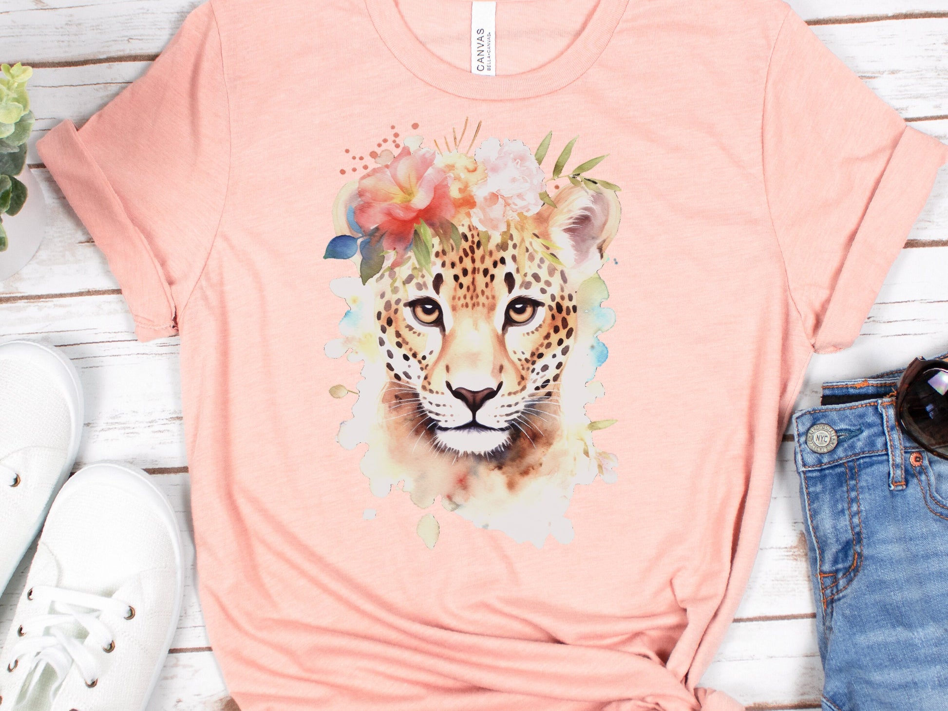 Jaguar Tshirt for Women Pink Flowers Tee Wild Animal Print Jungle Big Cat Lovers Unique Watercolour Design Cute Nature T-Shirt Floral Shirt