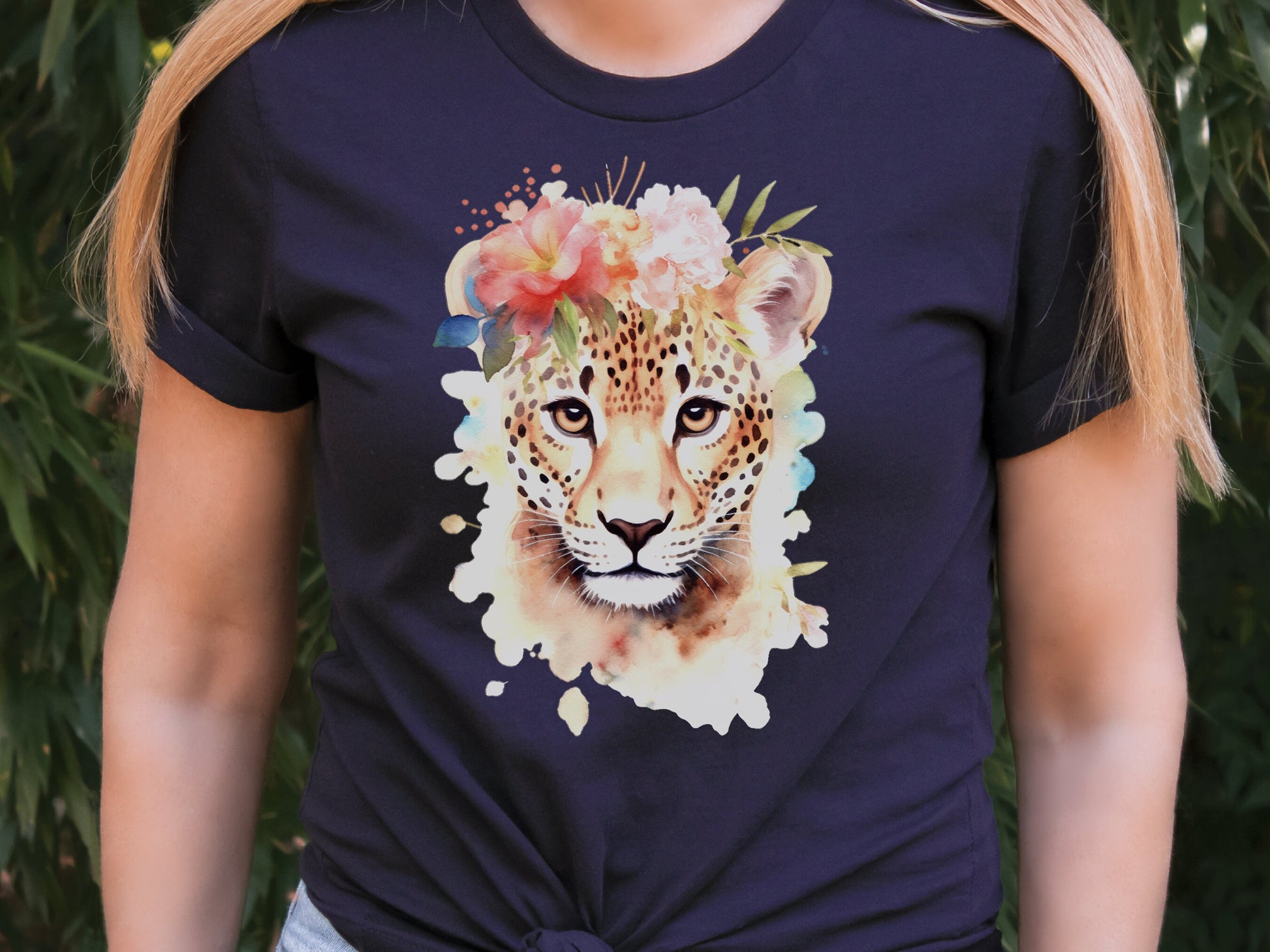 Jaguar Tshirt for Women Pink Flowers Tee Wild Animal Print Jungle Big Cat Lovers Unique Watercolour Design Cute Nature T-Shirt Floral Shirt