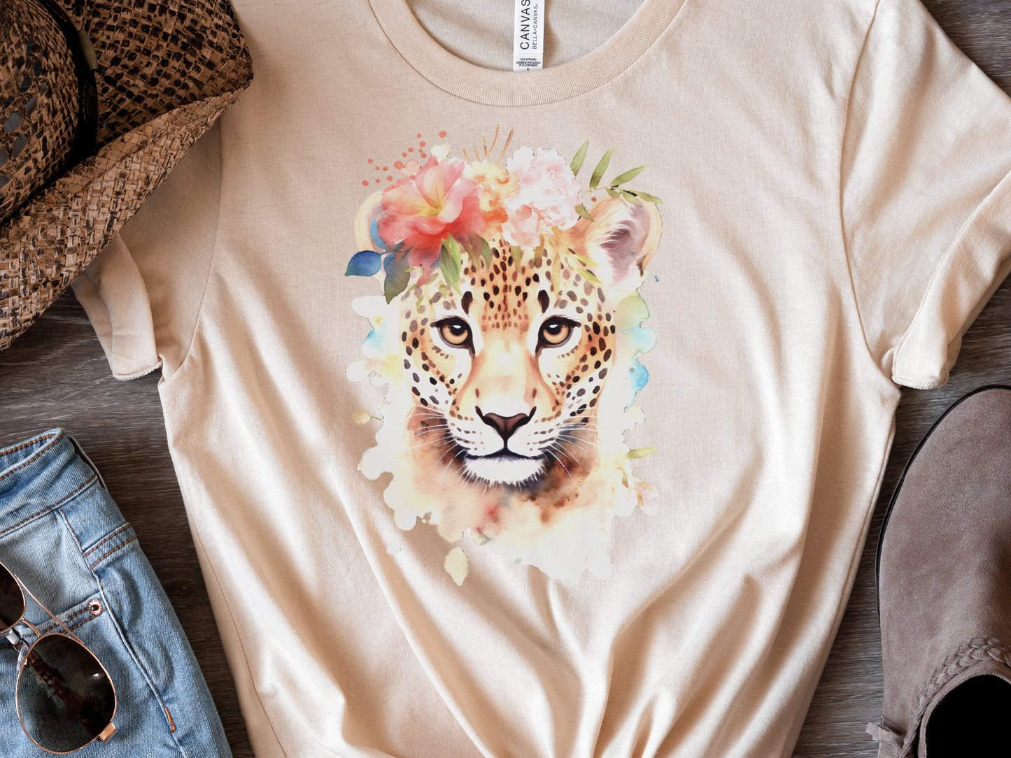 Jaguar Tshirt for Women Pink Flowers Tee Wild Animal Print Jungle Big Cat Lovers Unique Watercolour Design Cute Nature T-Shirt Floral Shirt