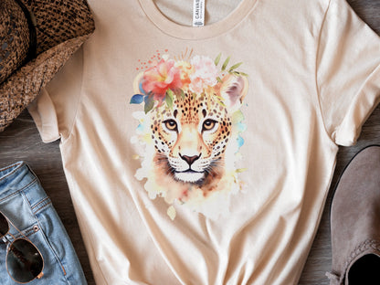 Jaguar Tshirt for Women Pink Flowers Tee Wild Animal Print Jungle Big Cat Lovers Unique Watercolour Design Cute Nature T-Shirt Floral Shirt