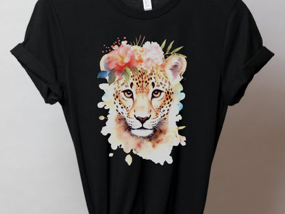 Jaguar Tshirt for Women Pink Flowers Tee Wild Animal Print Jungle Big Cat Lovers Unique Watercolour Design Cute Nature T-Shirt Floral Shirt