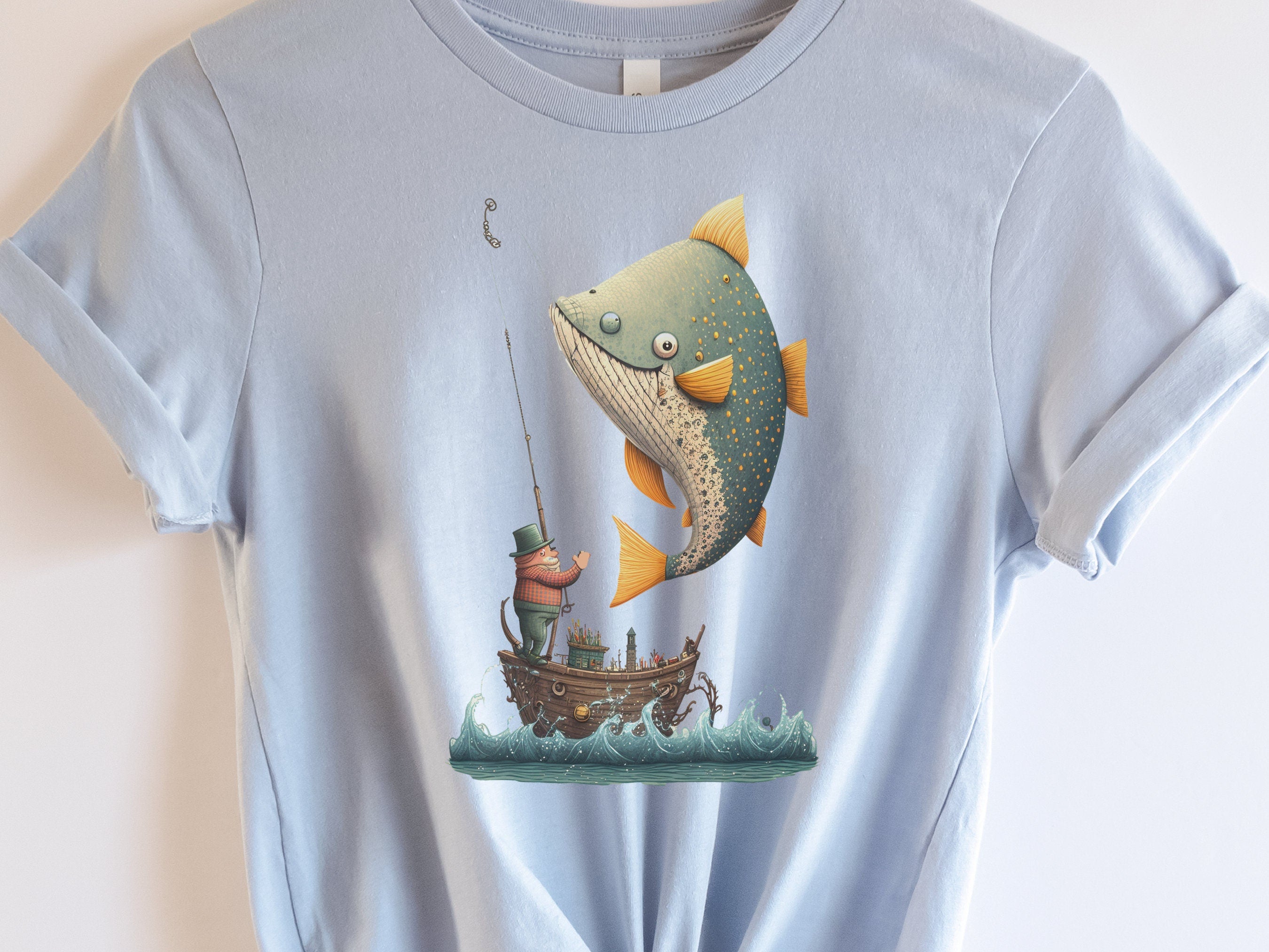 Funny Fishing Shirt for Women Fishermans T-Shirt Big Fish Small Boat  Whimsical Tee Fishing Humour Illustration Fisherman Angler Gift for Men